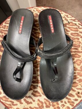 Prada Black Leather Thong Sandals